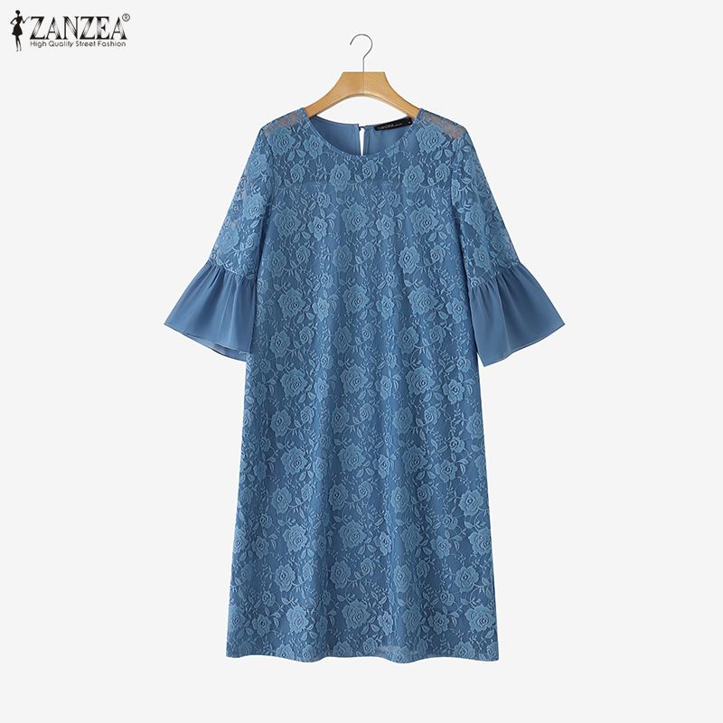 ZANZEA Women Casual Round Neck 3/4 Sleeve Elegant Lace Patchwork Dress
