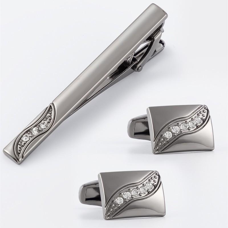 Simple Smooth Diamond Inlaid Tie Clip Cufflink Set New Electroplated Black Leaf Pattern black