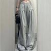 American Vintage Gray Casual Pants for Women Summer High Waist Drawstring Loose Drape Thin Wide Leg Pants