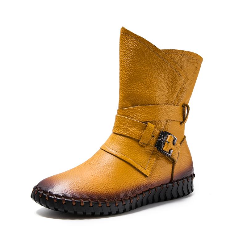 Moda GKTINOO 2025 Botas Femininas Inverno Quente Couro Feito à Mão Retro Botas Baixas Sapatos Baixos Botas de Couro Genuíno para Mulheres