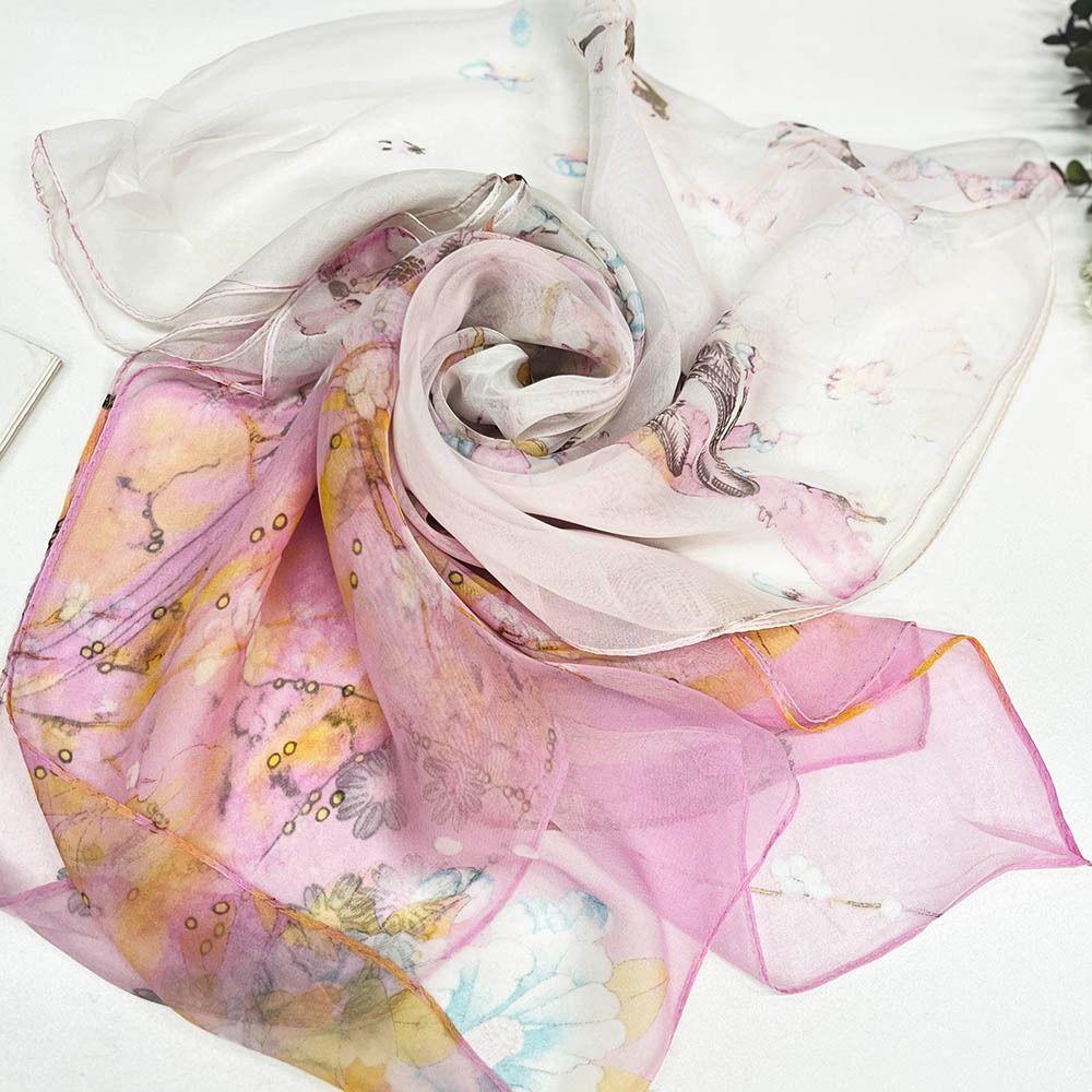 Portable Embroidered Silk Scarf Breathable Sun-Resistant Beach Shawl Silk Smooth Bandana for Women