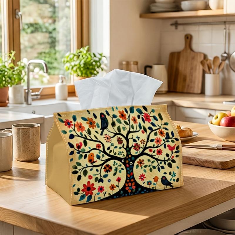 1pc Party Tissue Box, Folk Art Tree of Life, Versatile Tissue Holder, Beige Bird Floral Design, Outdoor Party Essentials, Daily Desktop Tissue Organiz