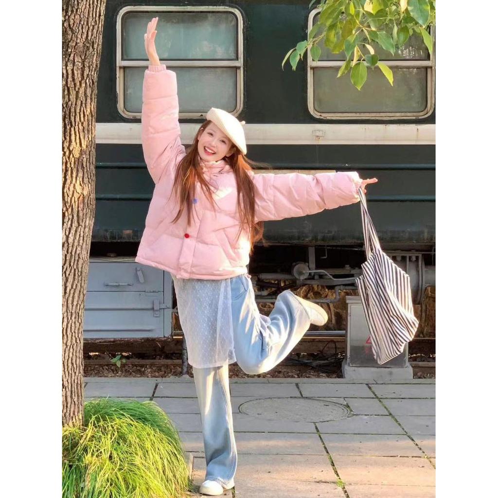 Simple pink design color buckle bread jacket women's winter new versatile loose student hooded cotton jacket