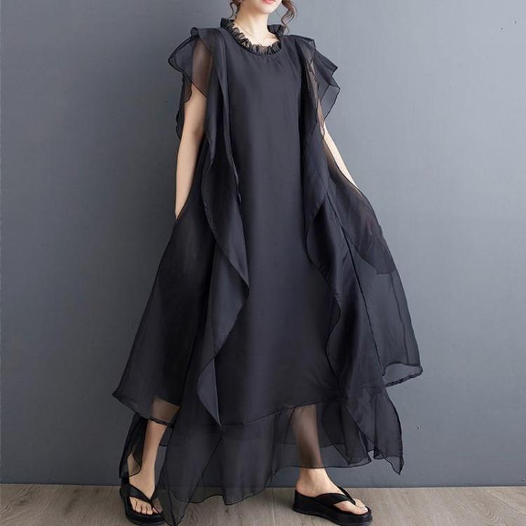

Plus Size Black Mesh Vintage Sleeveless Dress Women Casual Loose Long Summer Dress New In