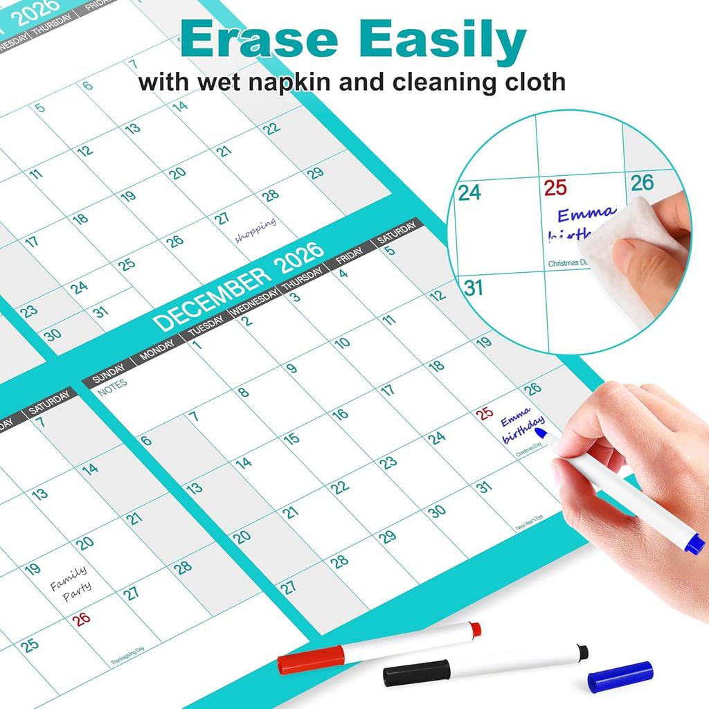 24" x 36" 2026 Wall Calendar with 3 Pack Fineliner Color Pens, Large 12 Month Annual Yearly Planner, Erasable Wet & Dry Erase Laminated Calendar for