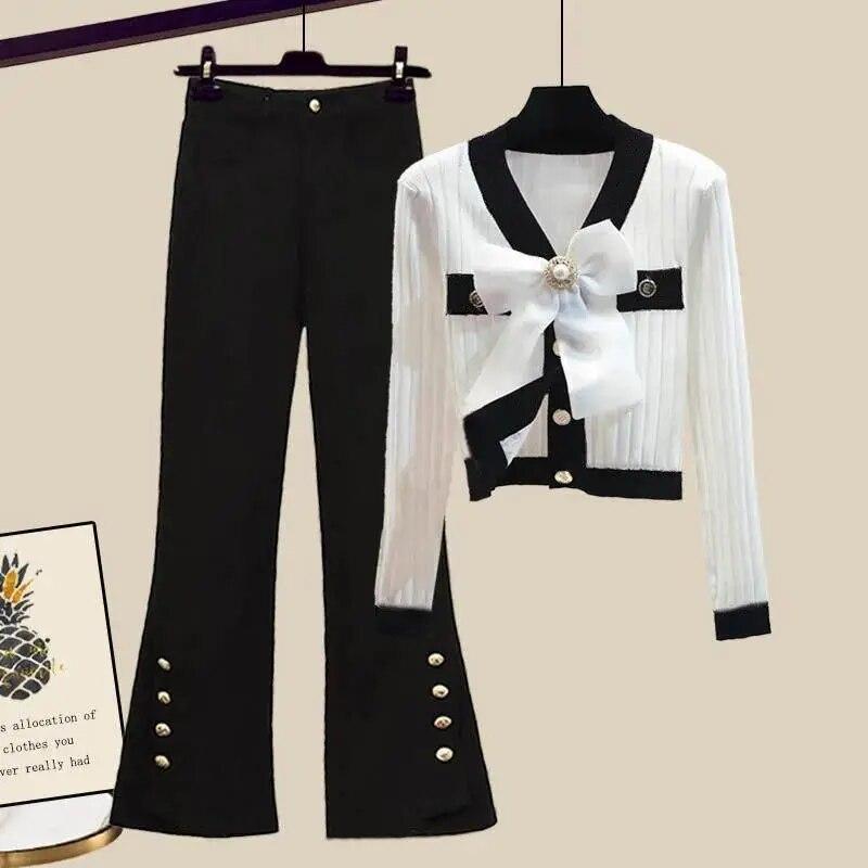 Autumn Korean Style Knitted Sweater Cardigan Button Decoration Wide Leg Pants Two Piece Elegant Women's Pants Set