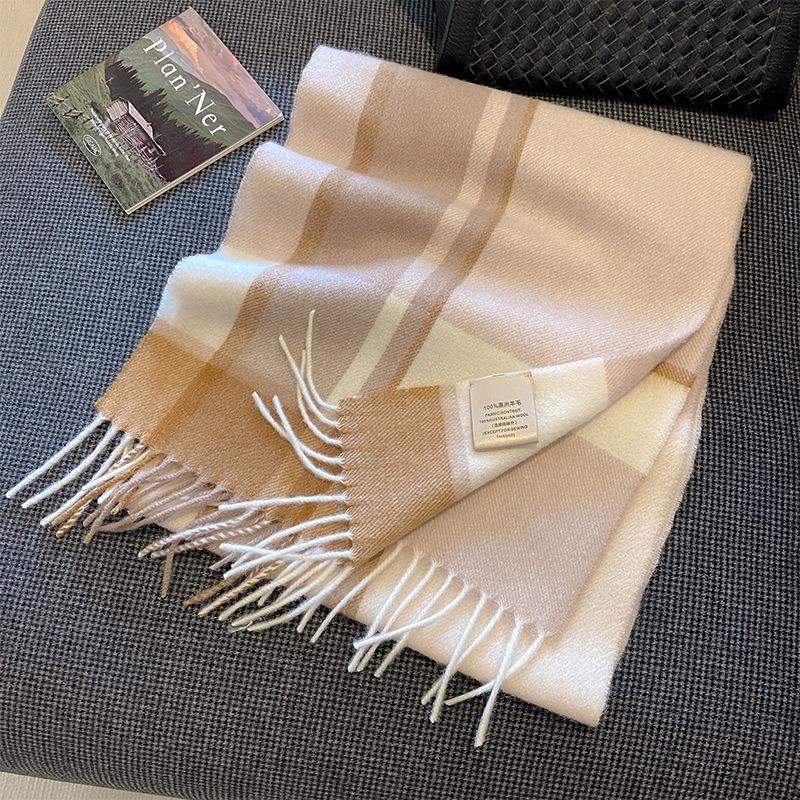 New Wool Warm Scarf for Women in Color Blocked Plaid Scarf Long Tassel Scarf Thickened and Warm