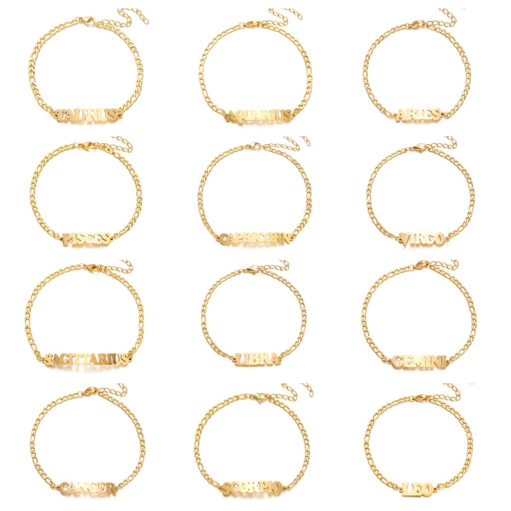 Stainless Steel 12 Constellation Bracelets for Women Men High Quality Letters Zodiac Cuban Chain Bracelet Jewelry Birthday Gift