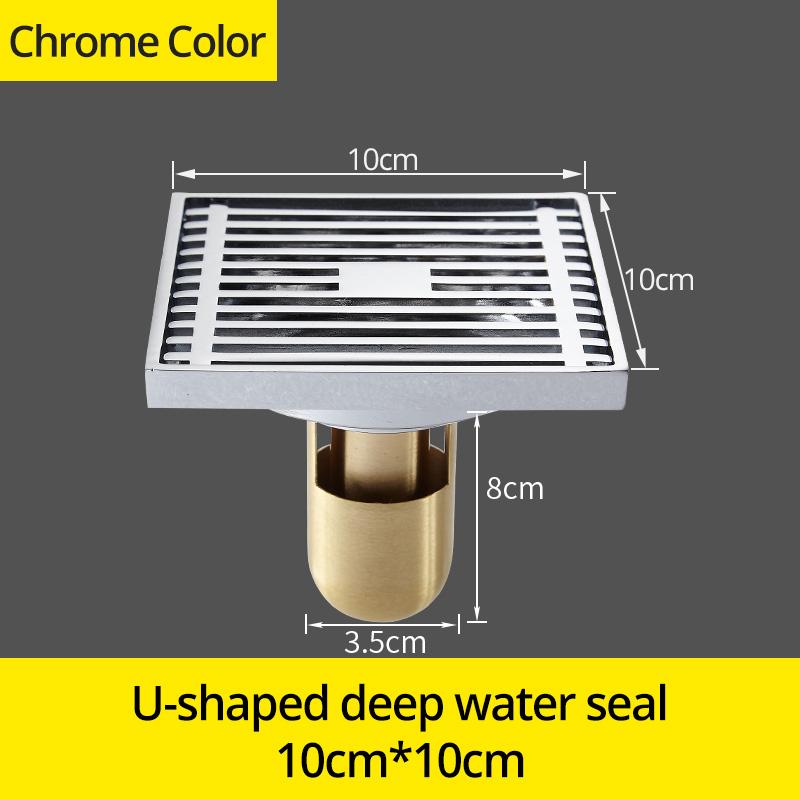 Drains 10*10cm Solid Brass Chrome Silver Shower Drain Bathroom Square Cover Anti-odor Hair Strainer Balcony Floor DrainBS-8109A