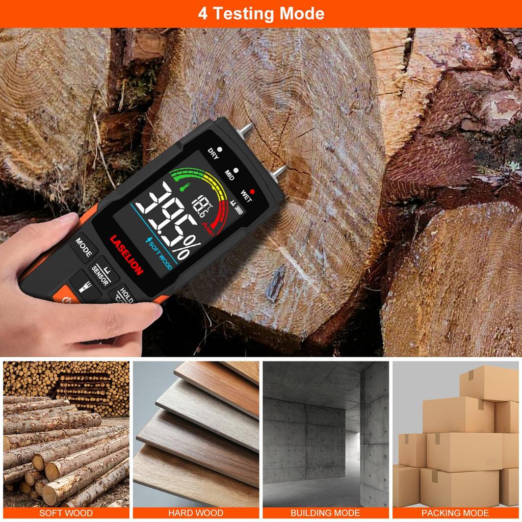 LASELION 2-in-1 Pin & Pinless Moisture Meter MS03 – Accurate Moisture Detection for Wood, Concrete, Drywall, Etc. – LCD Display with Hold Function, Fl