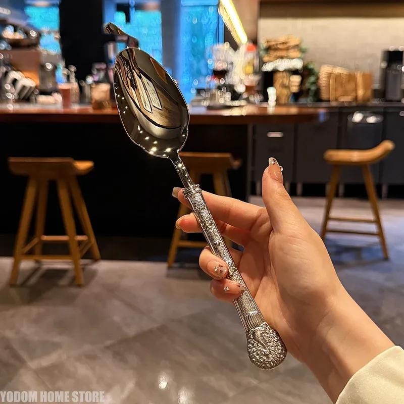 1Pcs an Elegant Relief Soup Spoons Set - 18-10 Stainless Steel Serving Spoons for Dining Dessert Kitchen & Gift Giving