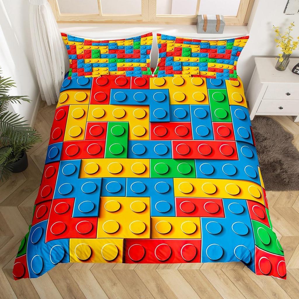 Building Block Duvet Cover Twin King Rainbow Construction Bedding Set Colorful Bricks Comforter Cover For Teen Girls Room Decor