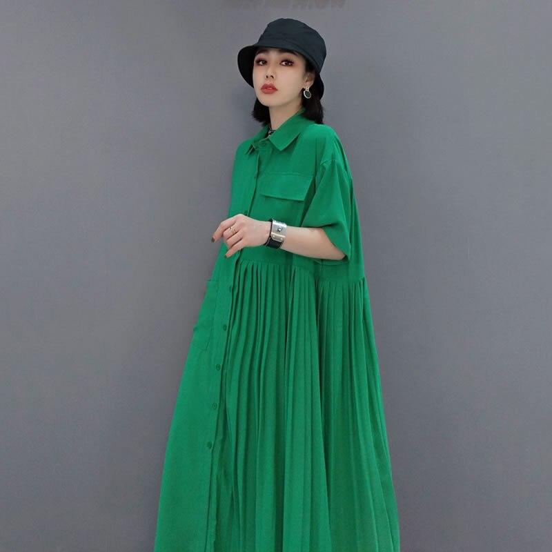 Xitao Irregular Splicing Pleated Green Dress DMY4747