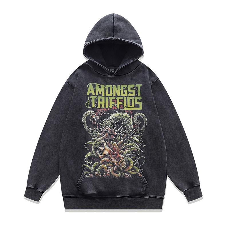 American Trendy Brand Hooded Sweater Retro Skull Print Washed Old Oversize Jumper Top
