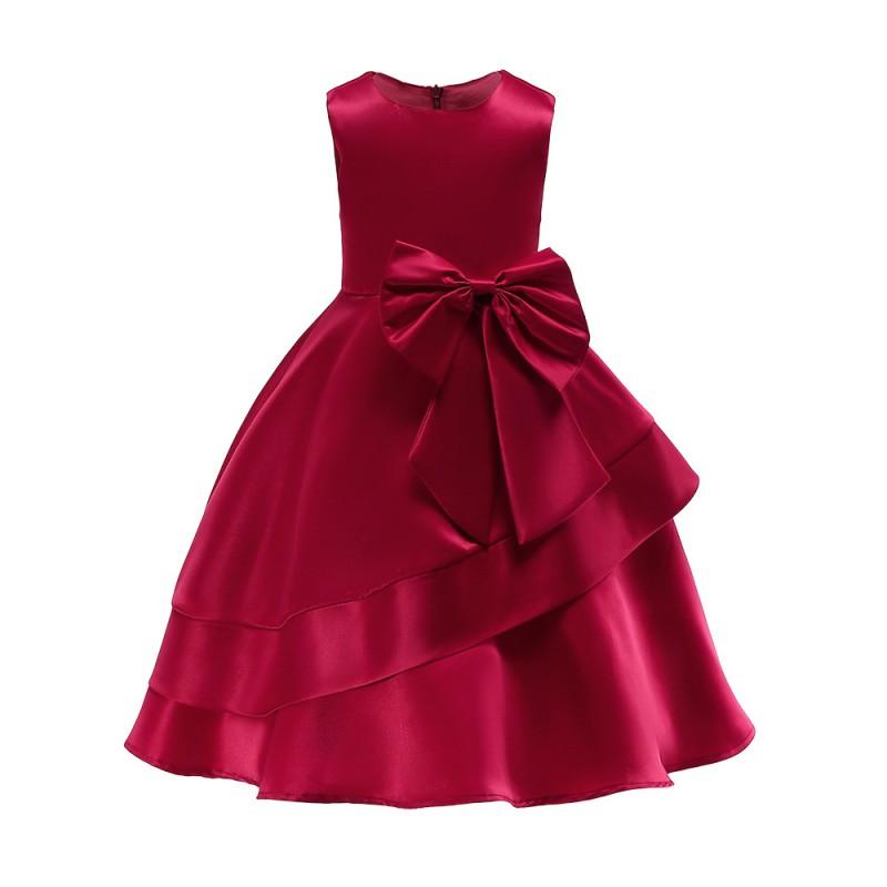 Girls Princess Dress Red Solid Color Sleeveless Mid-Length Party Kids