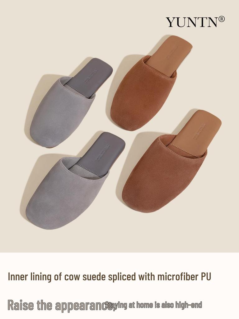 High-End Minimalist Genuine Leather & Suede Slippers - Non-Slip Sole, Unisex, All-Season Indoor Footwear
