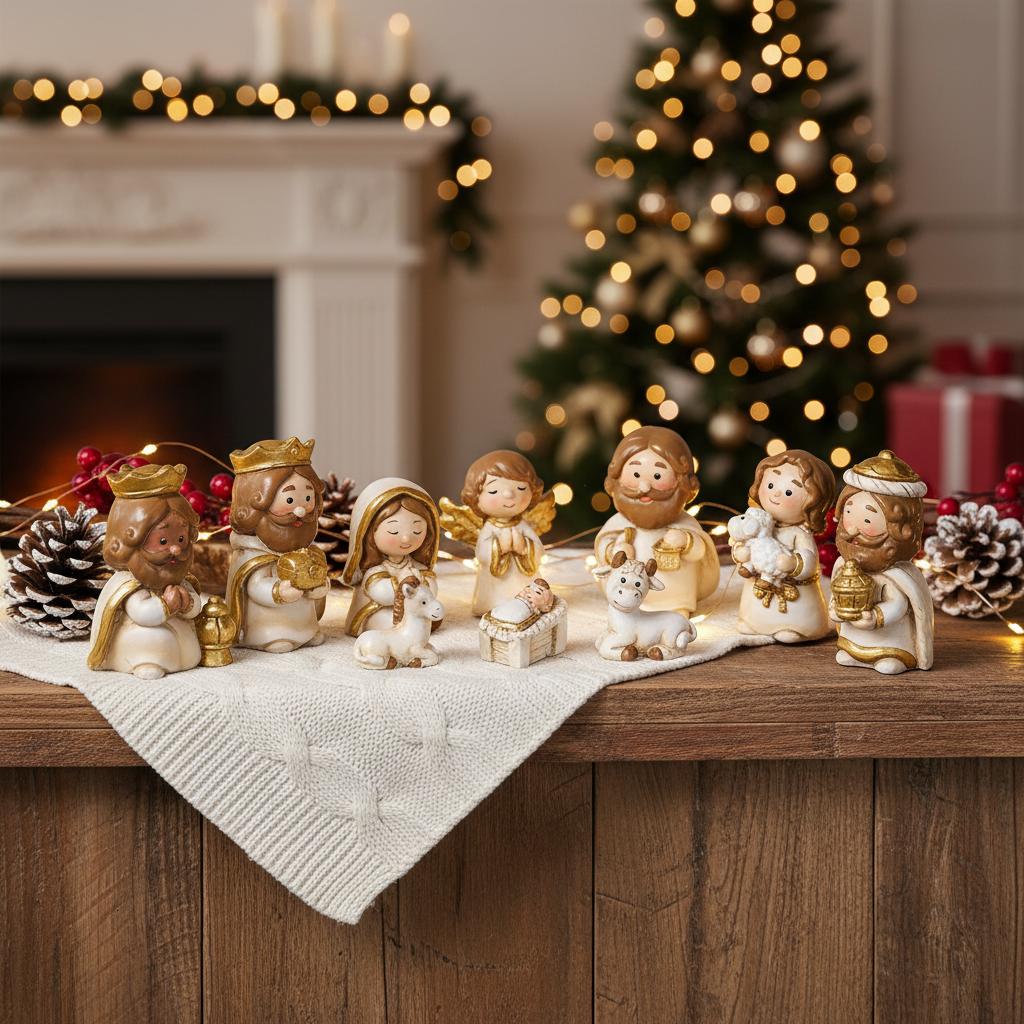 Cartoon Christmas Nativity Scene Figurines Hand-Painted Resin Decor Set for Holiday Home Decoration Gift