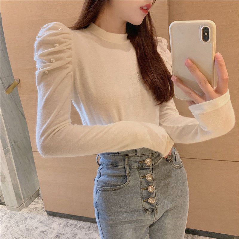Stylish Puff Sleeve Folds Beading T-shirts Autumn Winter Solid Color Women's Clothing Vintage Basic Half High Collar Pullovers