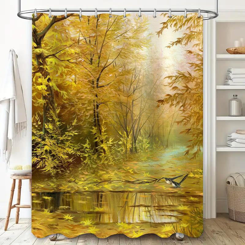 Autumn Gold Leaf Forest Bathing Curtain For Bathroom Decor High Quality Printed Shower Curtain With Wildlife Illustration