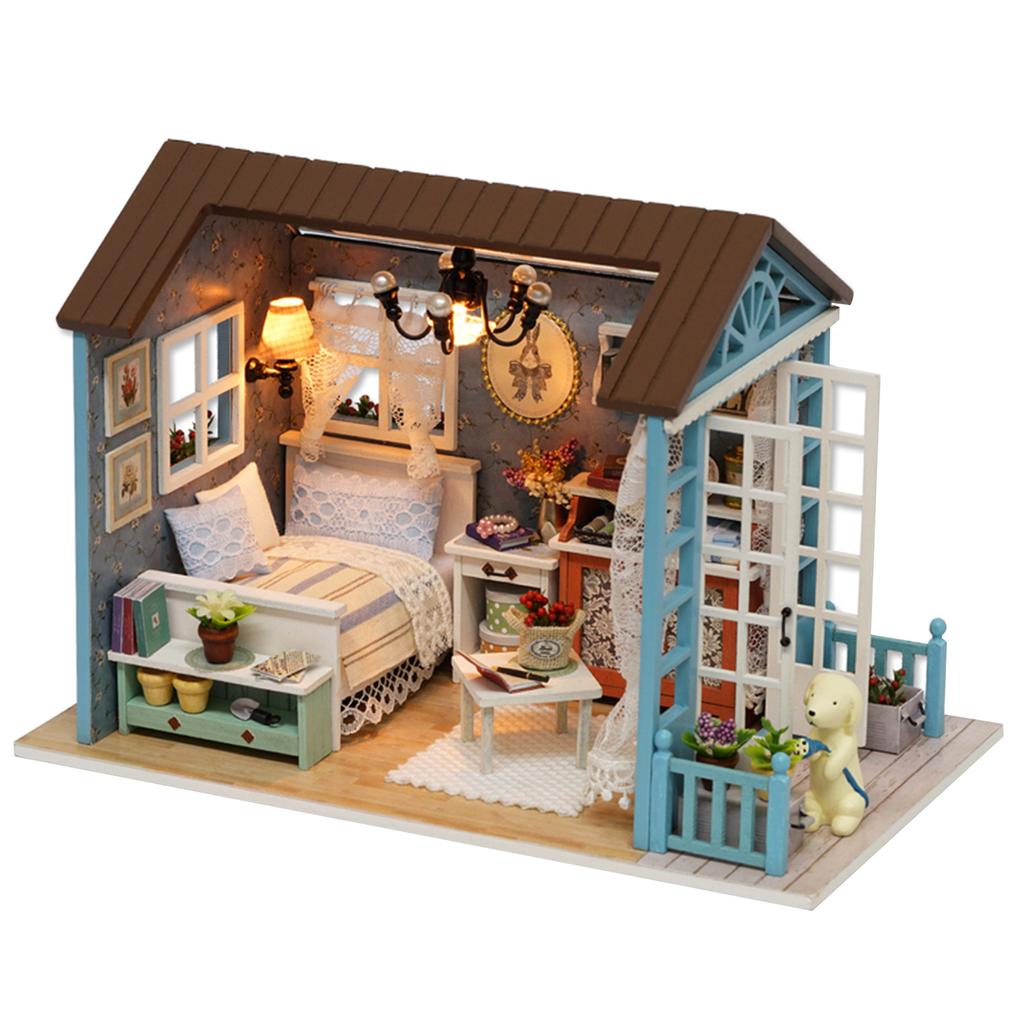 DIY Miniatur-Puppenhaus-Bausatz Realistisches Mini 3D-Holzhaus Zimmer Handwerk mit Möbeln LED-Lichtern Weihnachts-Geburtstagsgeschenk