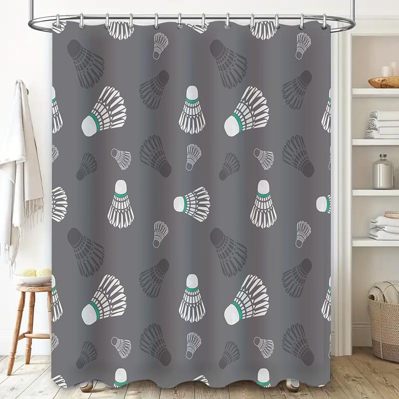 Badminton Shuttlecock Pattern Shower CurtainWaterproof Fabric, Non-slip Grip Hook, Home Decor Grey Color with Various Shades