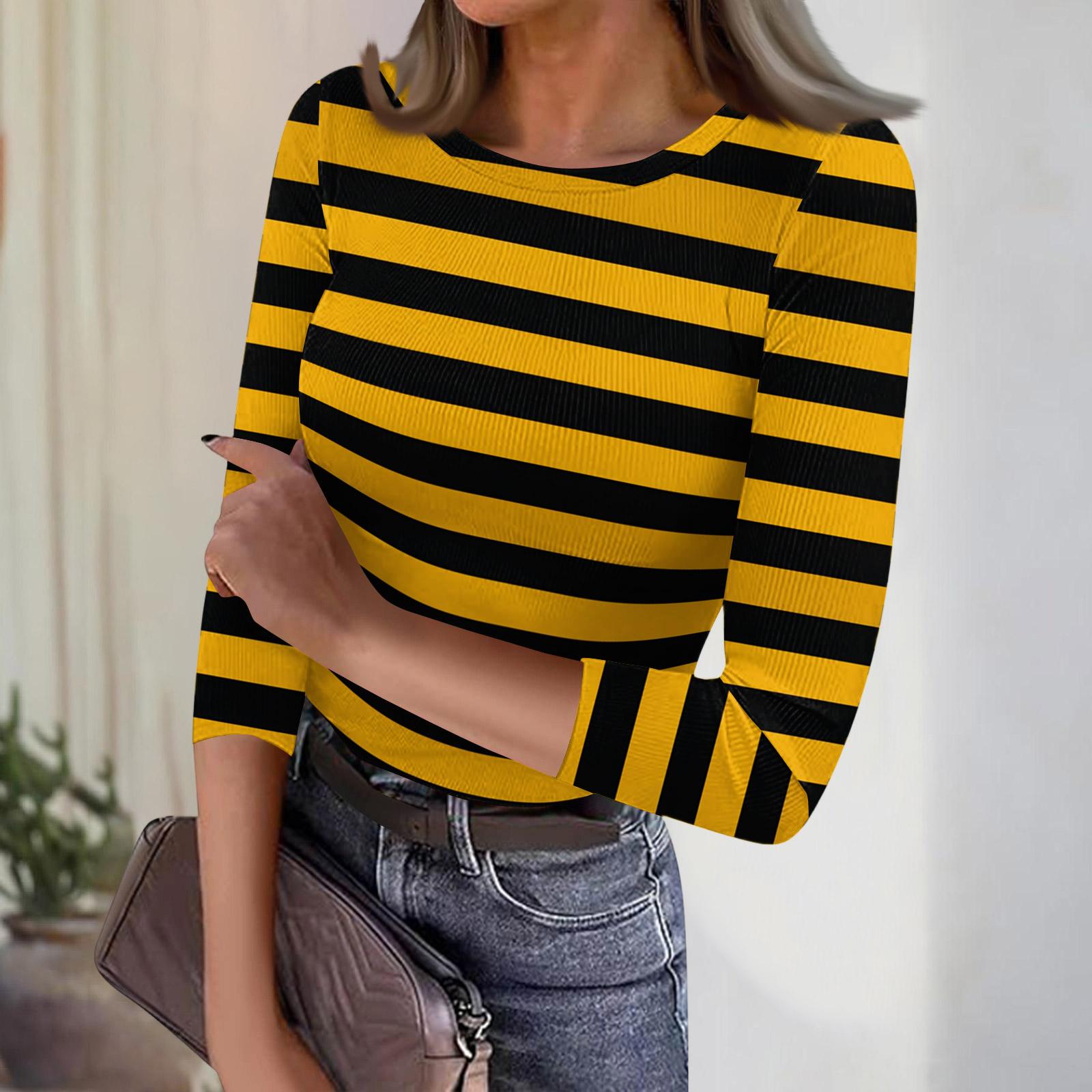 

Women s Casual Fashion Round Neck Striped Print Three-Quarter Sleeve Ribbed Top M коричневий