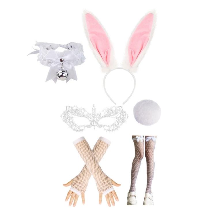 Women Girls Rabbit Ears Headband Collar Bowtie Cuff Bunnies Tail Easter Bunnies Costume Set for Halloween Cosplay Party