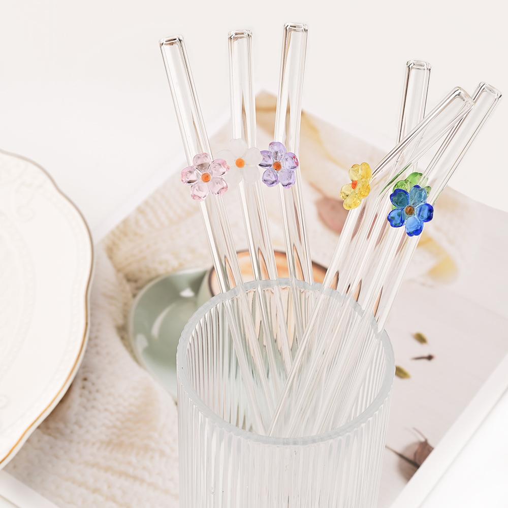 6PCS Reusable Drinking Straws Cute Flower Glass Straws with Cleaning Brush for Coffee Lover Smoothies Frozen Drinks Tea Juice