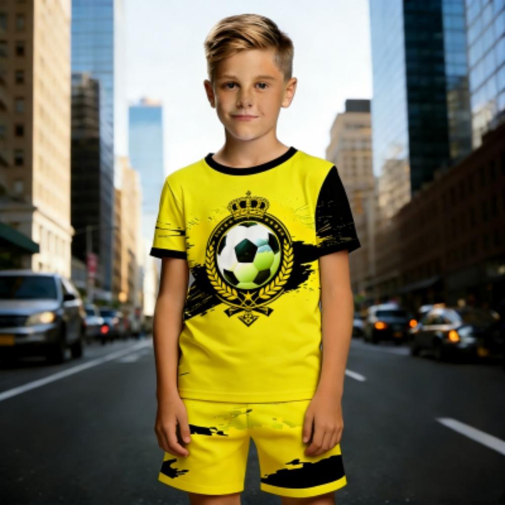 

Summer Fashion Fun Football Print Kids T-shirt and Shorts 2 Piece Set Summer Casual Outdoor Boy s and Girl s Outfit Set 100