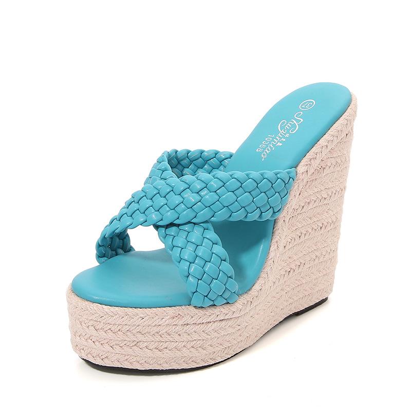Fashion Hate The Sky High Slippers 15CM Wedge High Heels Nightclub Sexy Waterproof   Platform Straw Braid Sandals Female Summer