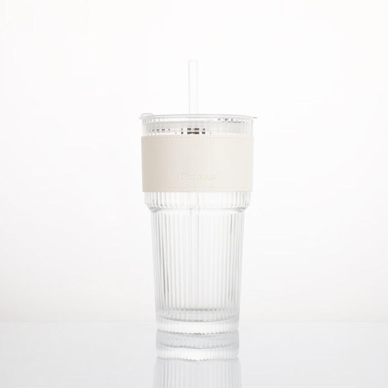 A59 Striped Heat-Resistant Glass Cup with Lid and Straw