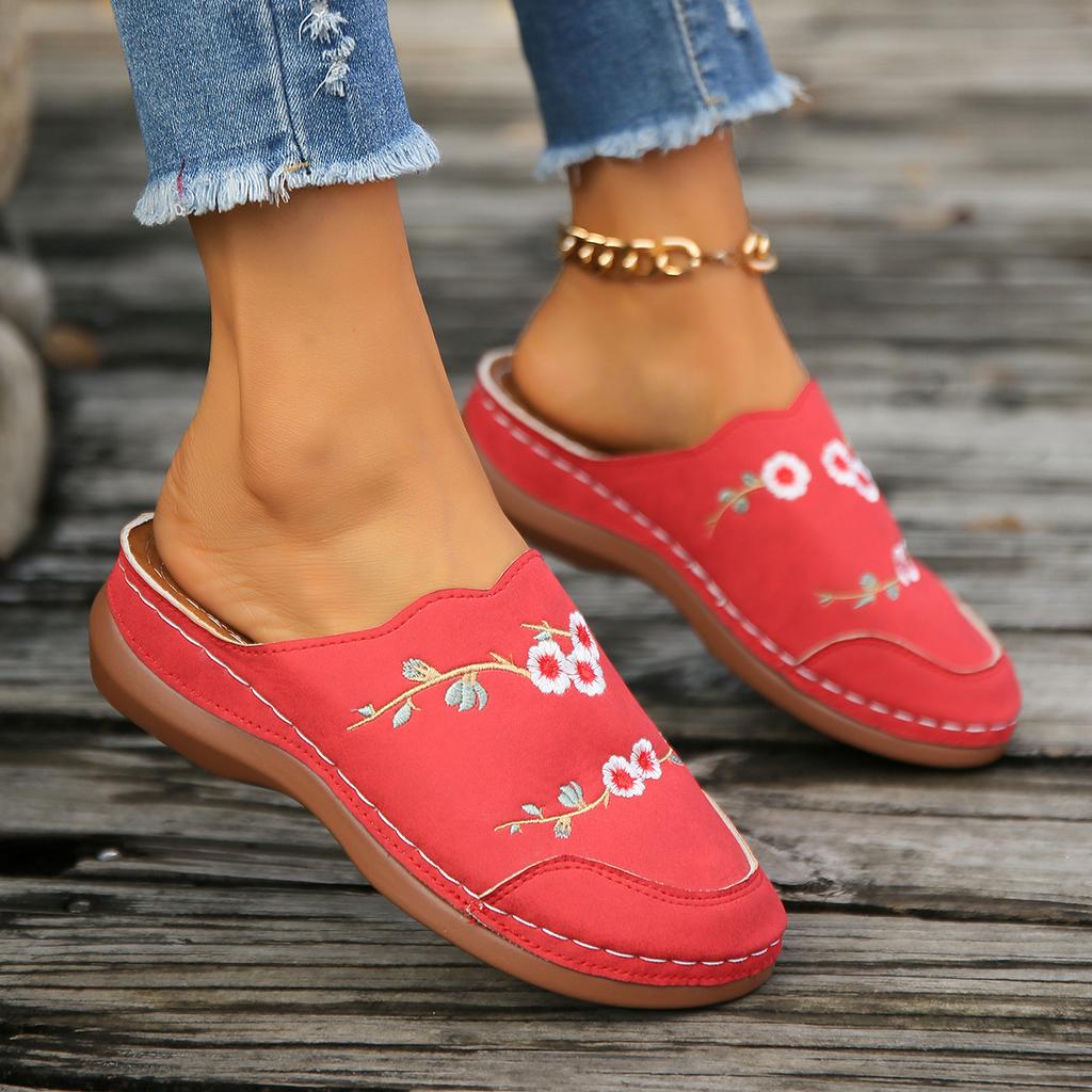 Ethnic style flower bag head slippers women's shoes European and American large size round head bag head wedge heel fashion outer wear embroidered h