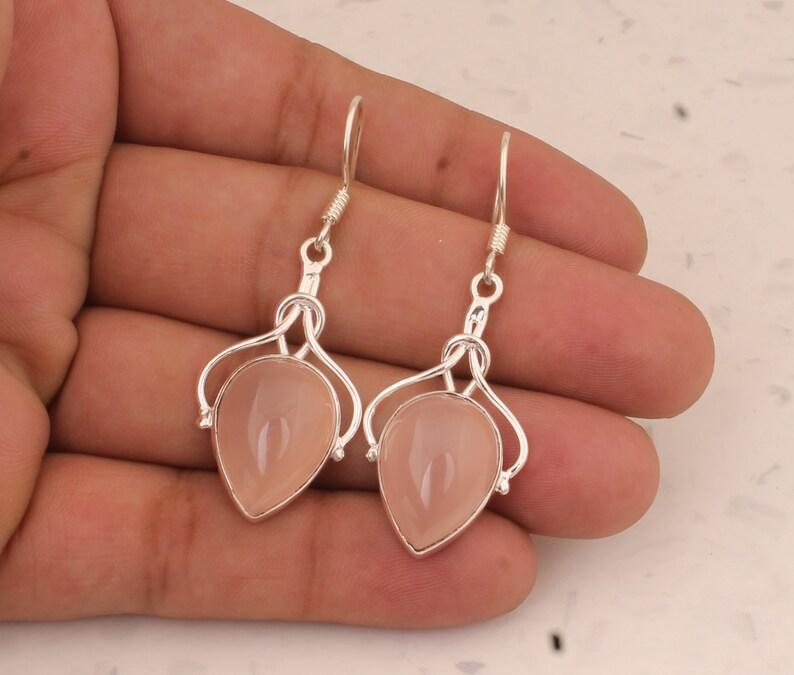 Solid 925 Sterling Silver Rose Quartz Gemstone Handmade Designer Dangle Earring Women Jewelry