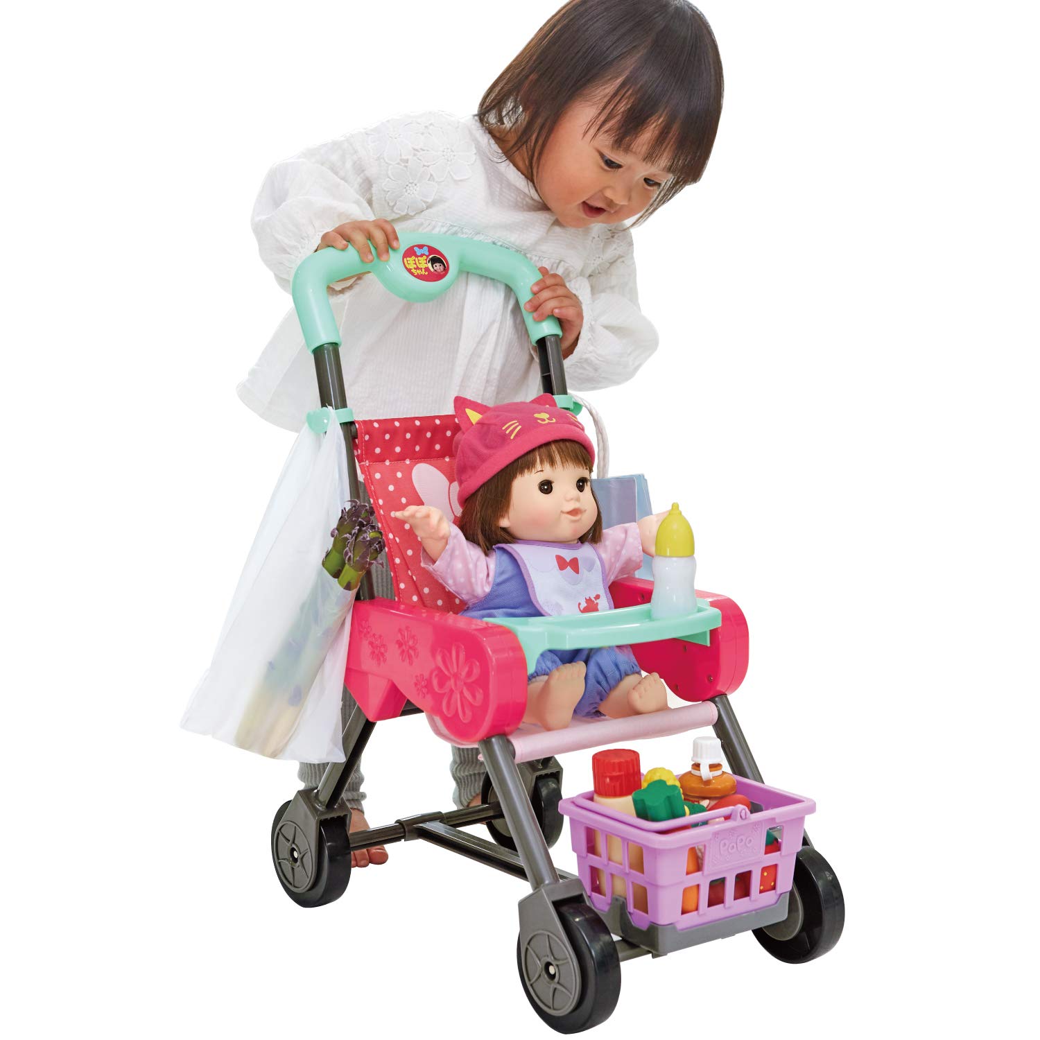 

Люди Покупающие Коляска с Корзиной и Уходом Малиново-розовая Столик Попо-чан, розовый