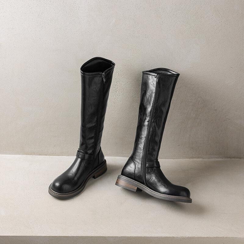 Autumn and Winter Women's Knight Boots Thick-soled New Large-size Leather Boots Round Head Low Heel Square Heel Comfortable Side Zipper High Boots