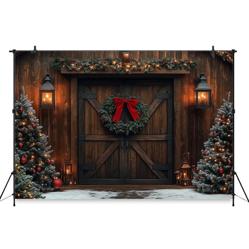 Mocsicka Photography Background Christmas Decor Photo Backdrop Green Xmas Tree Vintage Wooden House Door Pattern Shooting Banner