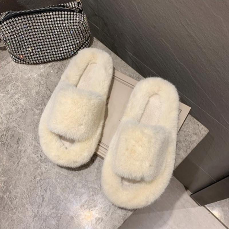Thick Bottom Fur Slippers for Autumn and Winter, Rabbit Fur for Home and Outdoor Wear, Warm Plush Slippers