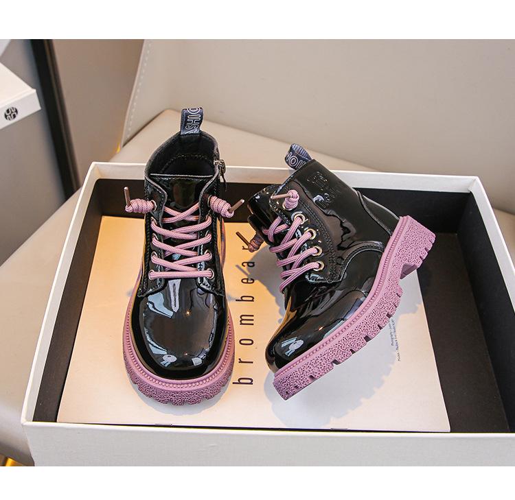 Girls' Patent Leather Ankle Boots - Autumn/Winter Plus Velvet, Zipper Design, Sequin Accents, Suitable for Middle To Big Kids and Babies