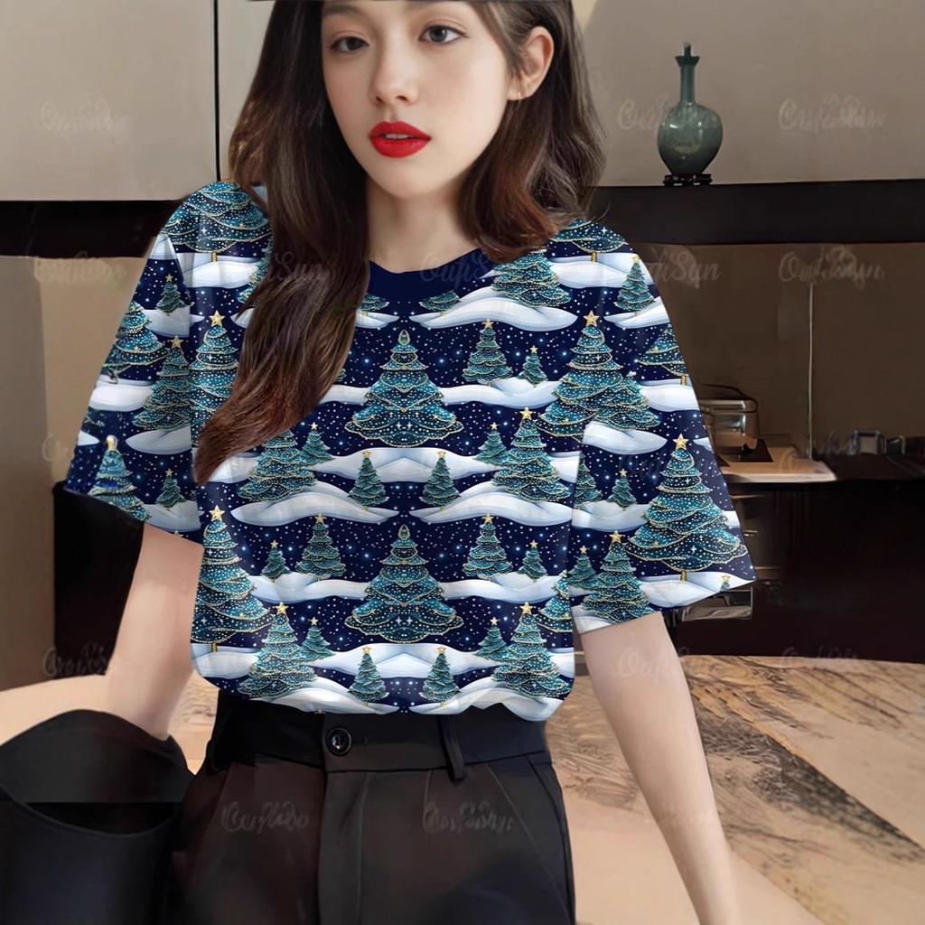 Christmas Santa Print Short Sleeve T-shirt, Festive Casual Holiday Top