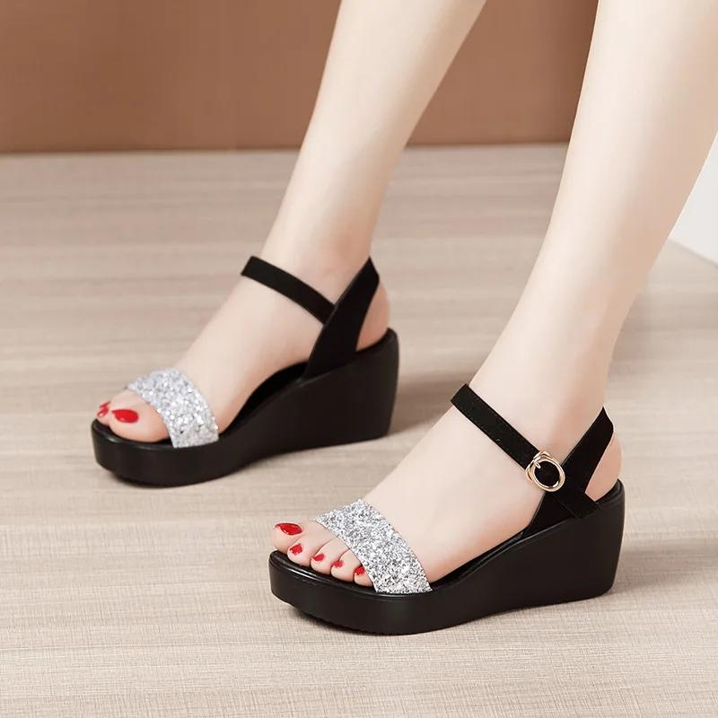 6cm Small Size 32-43 Bling Silver Black High Heels Shoes Summer Platform Sandals 2025 Women's Wedges Sandals for Office Beach
