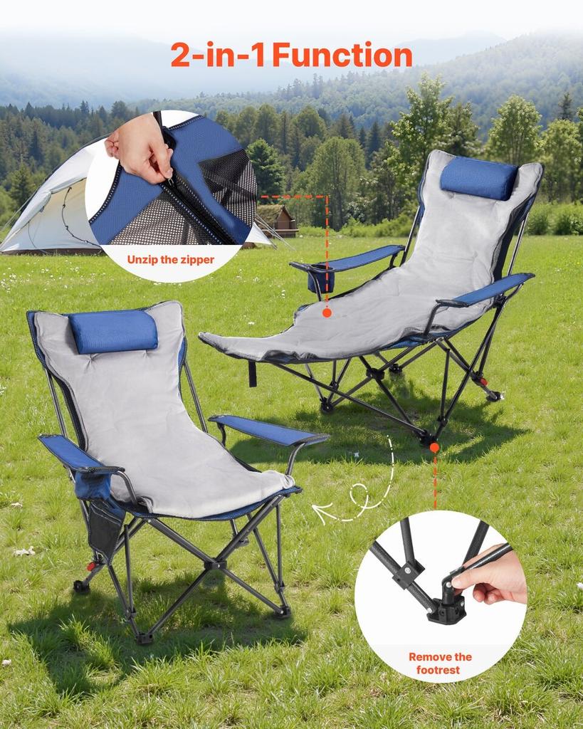 Reclining Camping Chair, 4 Adjustable Positions, Portable Folding Lounger for Adults, Mesh Beach Chair with Footrest & Plush Cushion, Supports 220