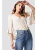 European and American V-Neck Trumpet Sleeve Chiffon Top - Tie-Up Backless Design