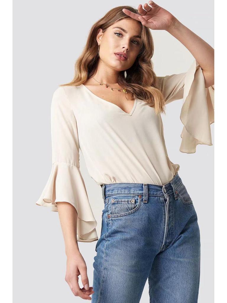 European and American V-Neck Trumpet Sleeve Chiffon Top - Tie-Up Backless Design