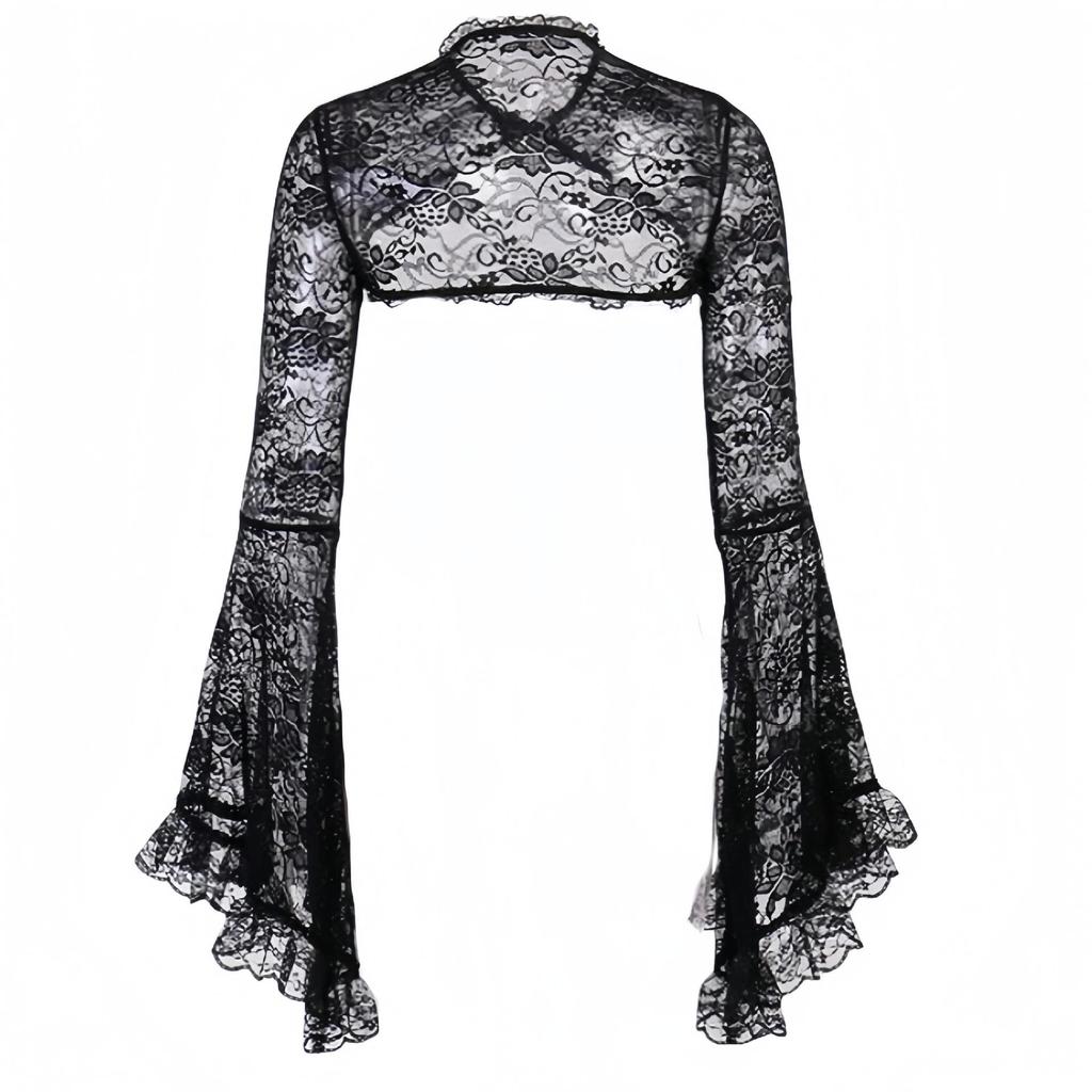 Women's Black Lace Bell Sleeve Halloween Top - Elegant Stand-up Collar