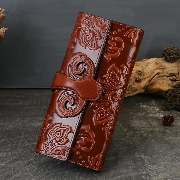 Johnature Genuine Leather Women's Long Wallet With Multiple Card Holders Retro Embossed Purse Chinese Style Handbag