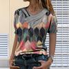 Women Tie-dye Printed Embroidery Collar Splicing Sleeve Pullover Blouse Tops