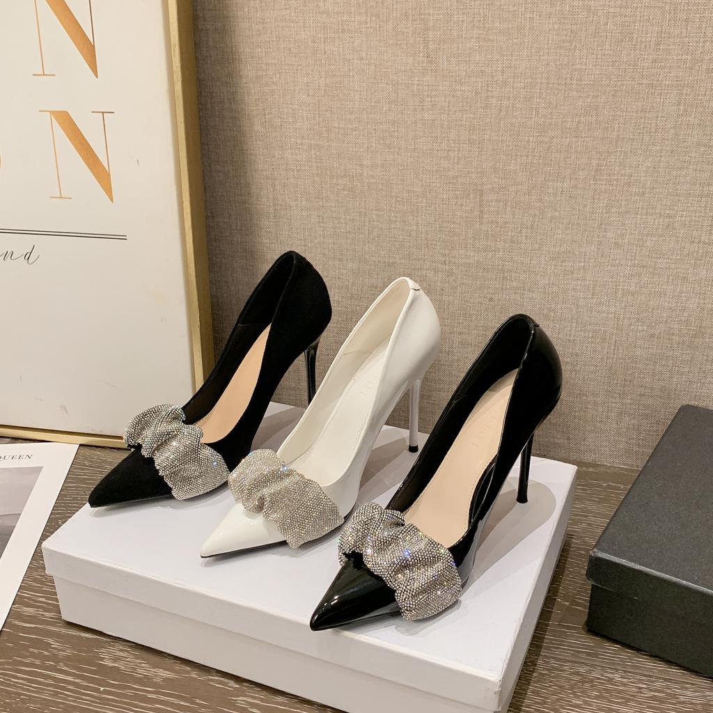 New pointed thin heel rhinestone sexy shallow mouth female king single shoes women's black suede high heels