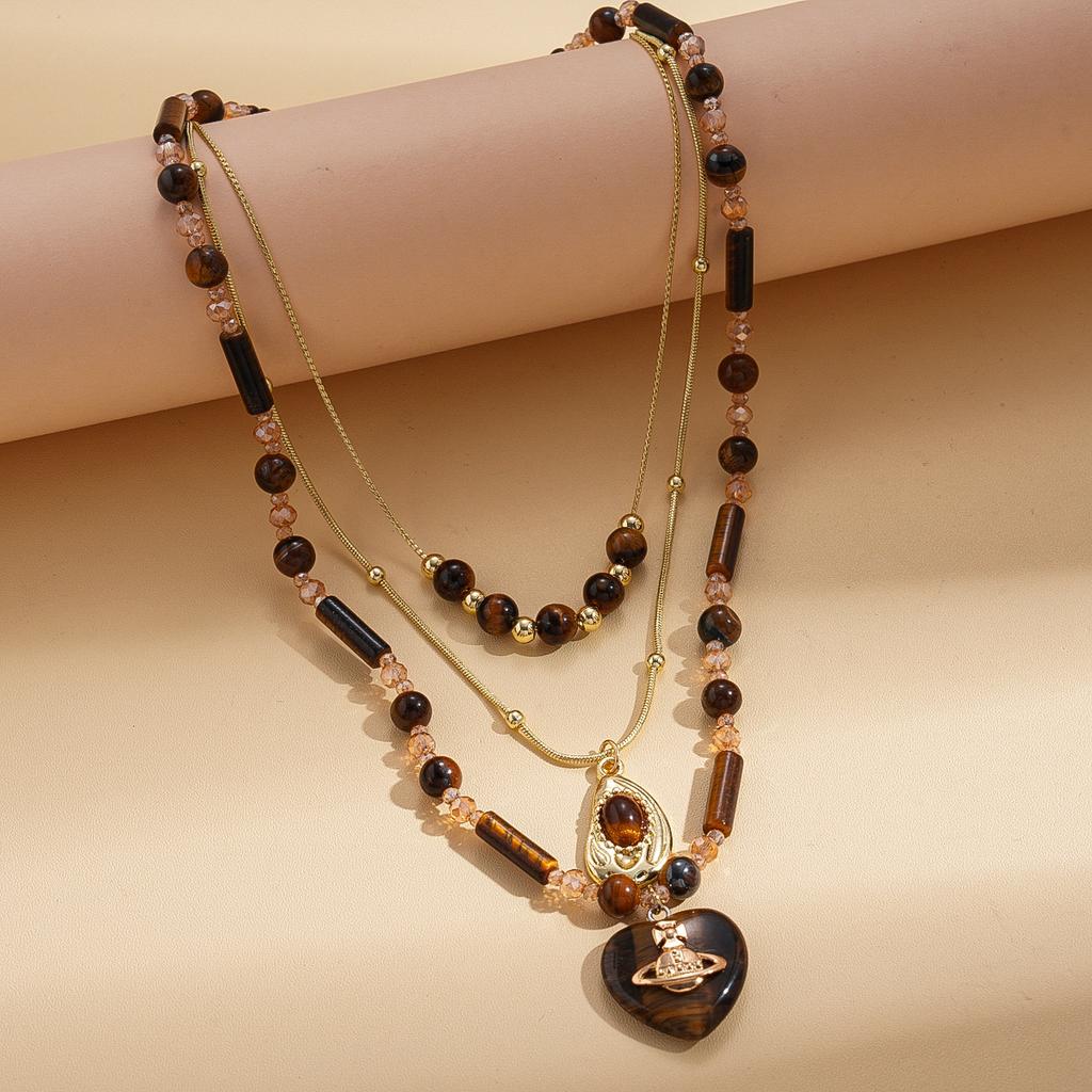 Tiger's eye stone beaded love Saturn water drop pendant sweater chain autumn and winter fashion necklace