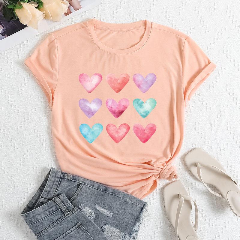 Summer Women's Plus Size Color Heart Print Loose Round Neck Casual Pure Cotton Short Sleeved T-shirts Women's