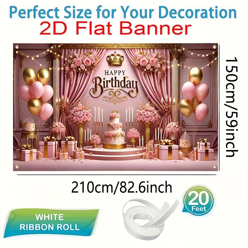 2D Flat Banner Birthday Backdrop Pink Gold Royal for Girls & Women Themed Party Photos